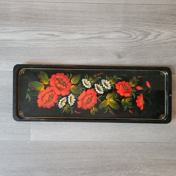 USSR-Made Handpainted Floral Decorative Tray Black Lacquer 17x6 Inches Rectangul - Picture 1 of 6